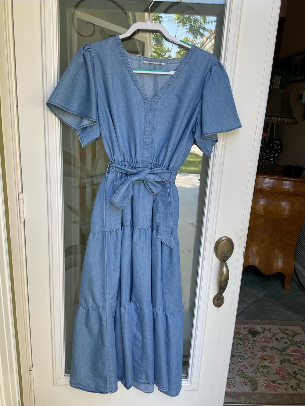 Light Blue Denim Maxi Dress with Waist Tie